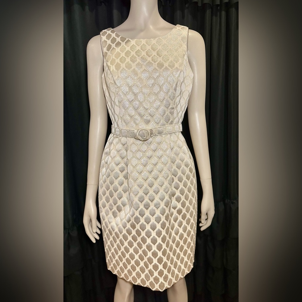 White House Black Market Silver Gold Belted Sleeveless Lined Dress NWT Size 0